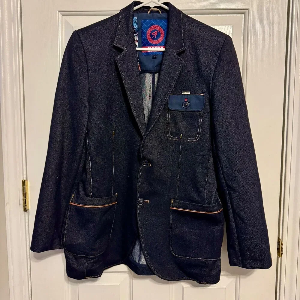 MONDO VTG Denim Blazer Jacket Mens Sz L Regular Fit Cotton Blend - Picture 1 of 10